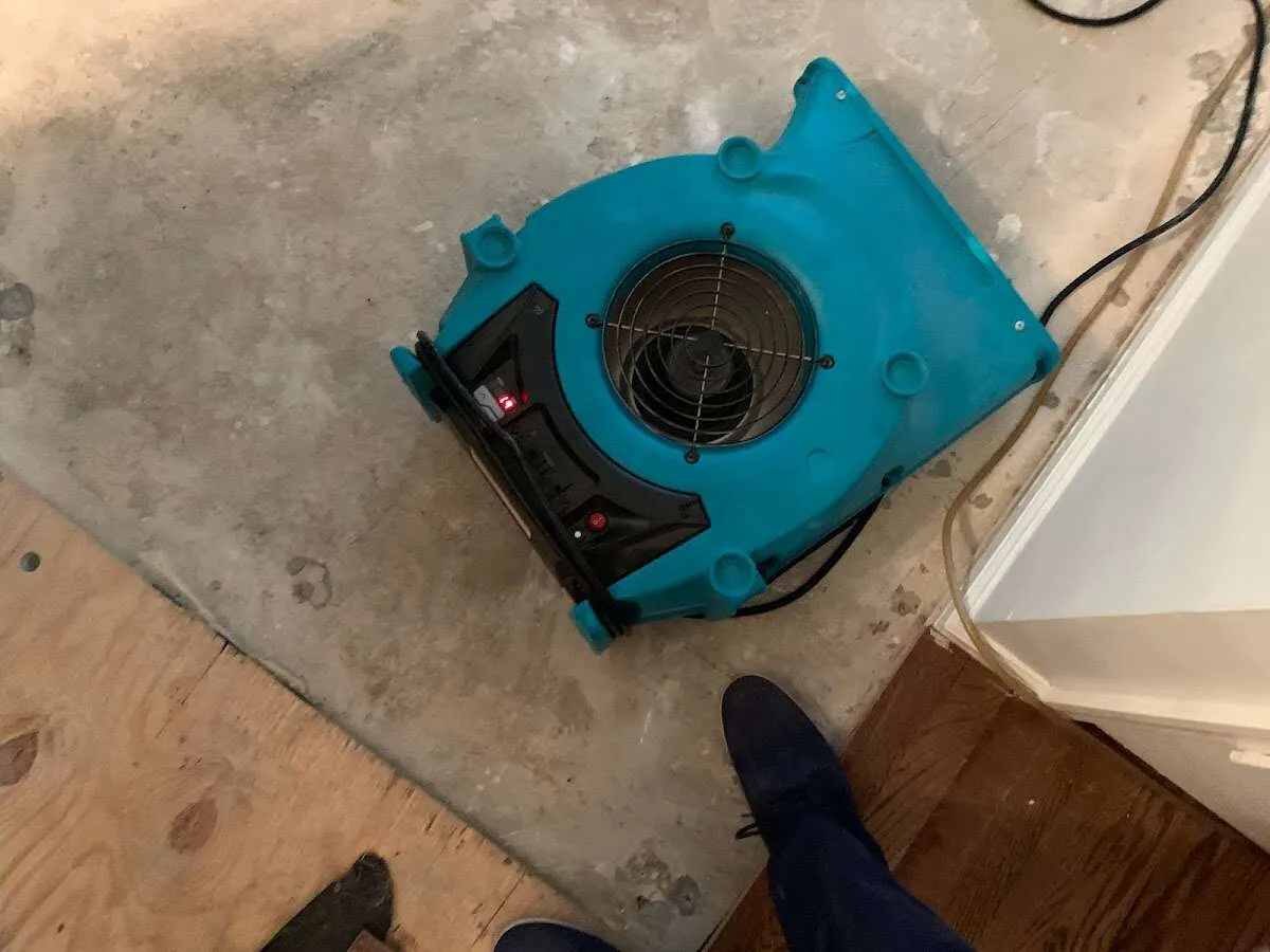 Air mover drying subfloor during Commercial Water Damage Restoration in Fulton